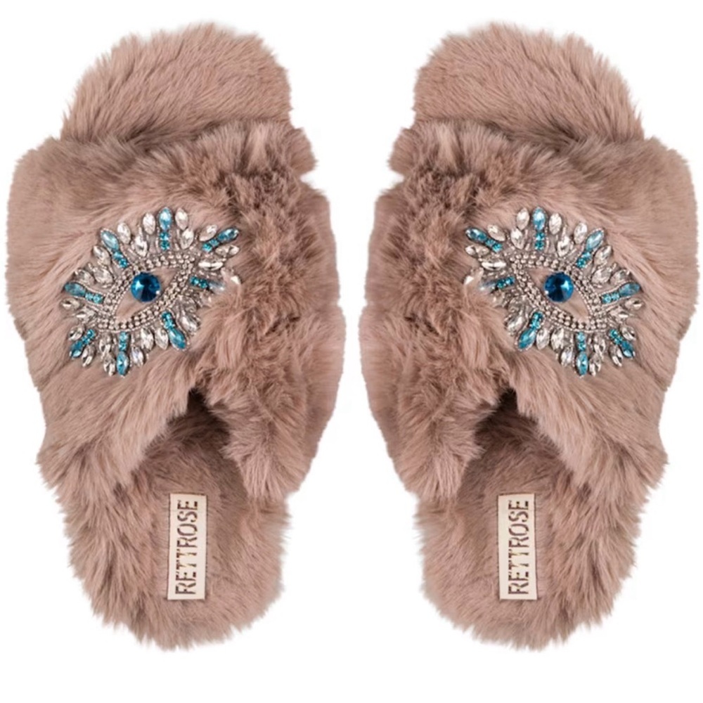 Hannah Mink Luxury Plush Diamanté Embellished Handmade Slipper Sz38
